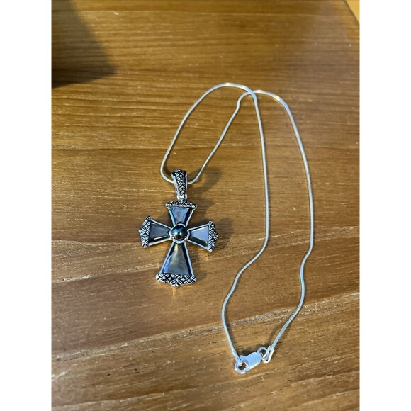 Unbranded Jewelry - Unique Sterling Silver Abalone Shell Cross Pendant Enhancer .925  On 17” SSChain